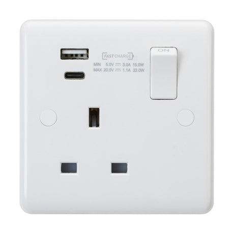 Introducing the 13A 1 Gang DP Switched Socket with Dual USB A+C (Rounded Edge) in a white finish, featuring a standard three-pin outlet alongside dual USB ports, including one labeled as USB-C Fast Charge. Its design incorporates anti-microbial properties to enhance safety and cleanliness.