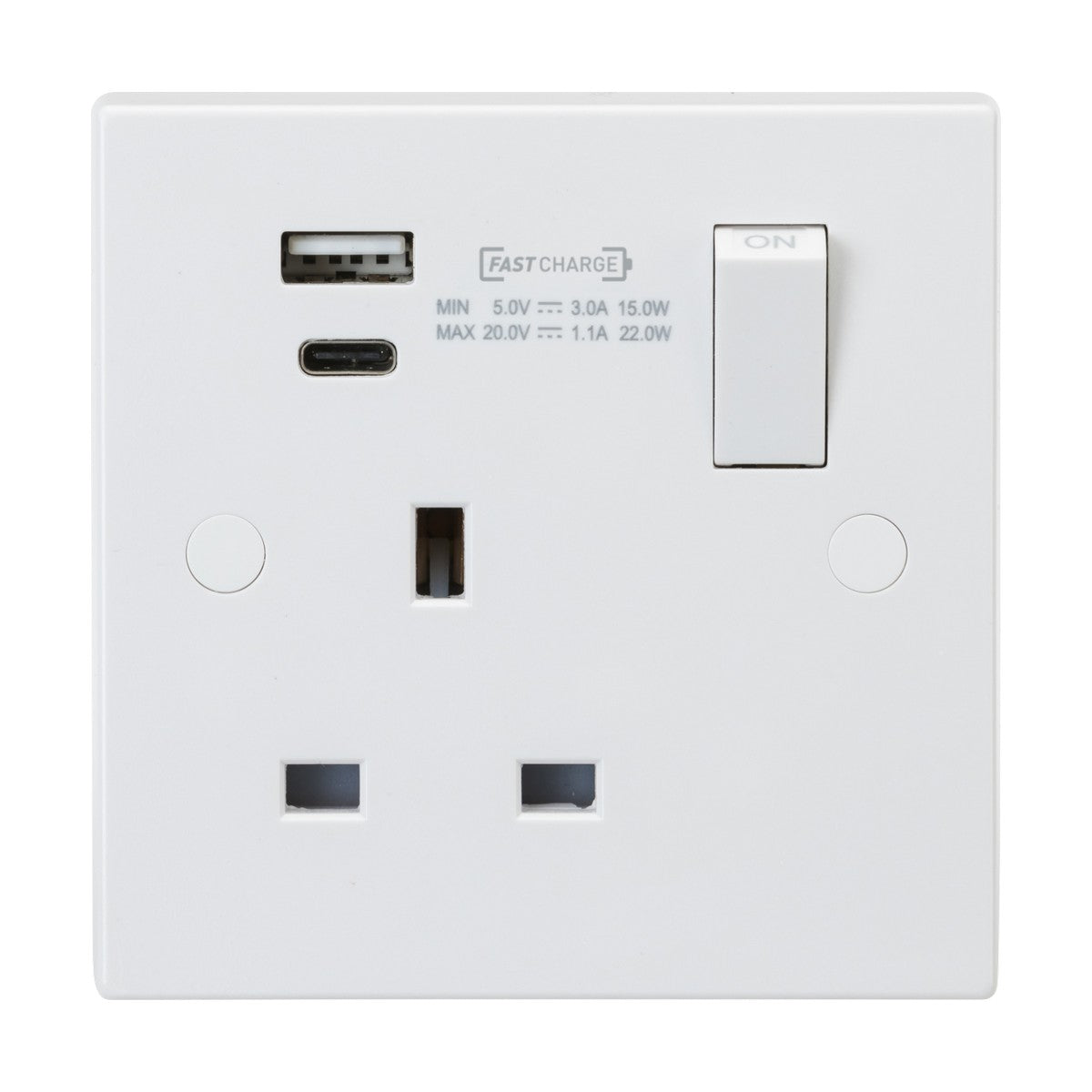 The 13A 1 Gang DP Switched Socket with Dual USB A+C (Square Edge) is a white electrical wall socket that includes antimicrobial properties. It features both USB-A and USB-C ports labeled Fast Charge, along with a switch and a standard UK three-pin socket outlet.