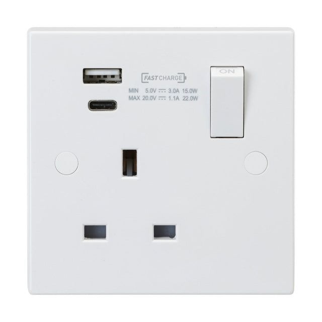 The 13A 1 Gang DP Switched Socket with Dual USB A+C (Square Edge) is a white electrical wall socket that includes antimicrobial properties. It features both USB-A and USB-C ports labeled Fast Charge, along with a switch and a standard UK three-pin socket outlet.