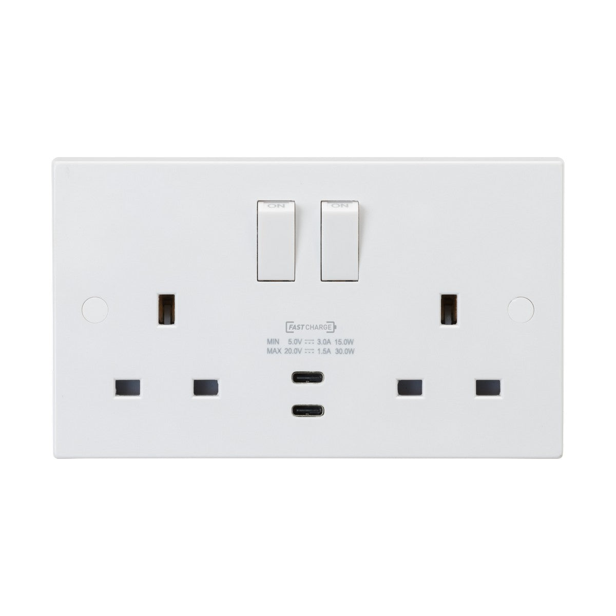 The 13A 2 Gang DP Switched Socket with Dual USB 20V DC 1.5A (Square Edge) is a white electrical wall socket that includes two switches and dual USB-C charging ports conveniently centered below for fast charging. It features sockets and switches compatible with standard plugs, and its smooth, slightly reflective rectangular surface offers a sleek design.