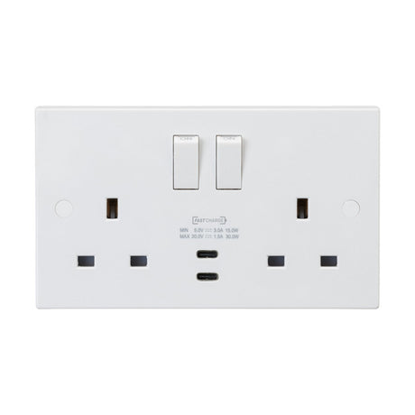 The 13A 2 Gang DP Switched Socket with Dual USB 20V DC 1.5A (Square Edge) is a white electrical wall socket that includes two switches and dual USB-C charging ports conveniently centered below for fast charging. It features sockets and switches compatible with standard plugs, and its smooth, slightly reflective rectangular surface offers a sleek design.