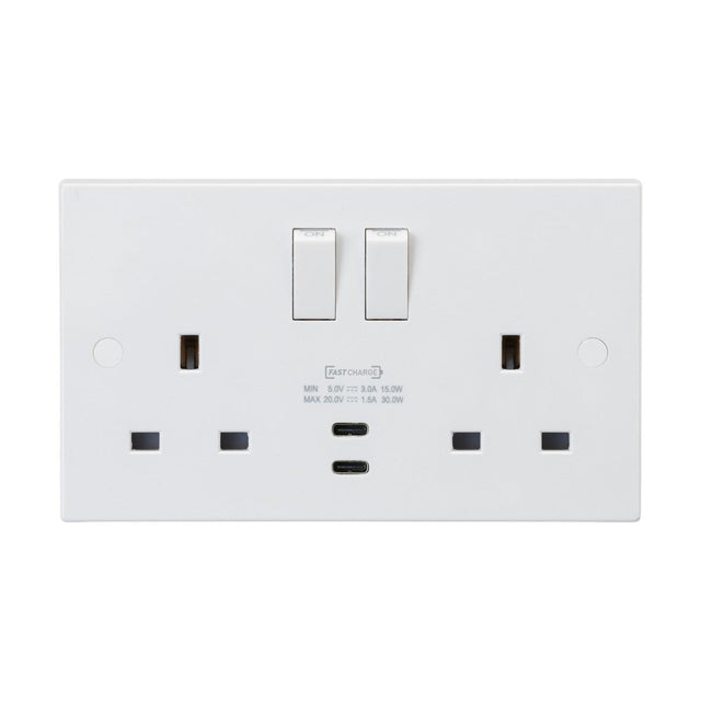 The 13A 2 Gang DP Switched Socket with Dual USB 20V DC 1.5A (Square Edge) is a white electrical wall socket that includes two switches and dual USB-C charging ports conveniently centered below for fast charging. It features sockets and switches compatible with standard plugs, and its smooth, slightly reflective rectangular surface offers a sleek design.