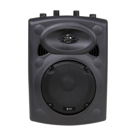 QTX QR8 passive PA speaker cabinet in black ABS, front view showing oval tweeter horn and steel-grilled 8-inch woofer, on a white background.