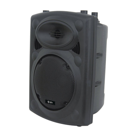 QTX QR8 passive PA speaker cabinet in black moulded ABS with steel mesh grille, oval horn tweeter, side handle and top mounting points, on white.
