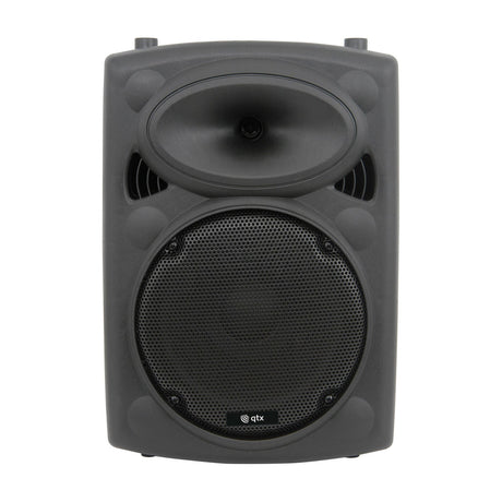 QTX QR10 passive PA speaker cabinet in black moulded ABS with 10 inch driver behind a steel mesh grille and top handles, on a plain background.