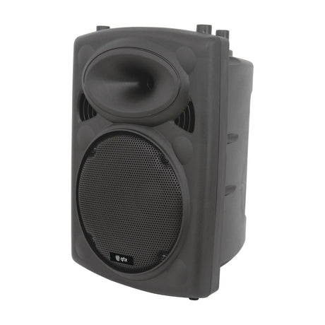 QTX QR10 passive 10in PA speaker cabinet in moulded black ABS with steel mesh grille and horn tweeter, shown at an angle on a white background.