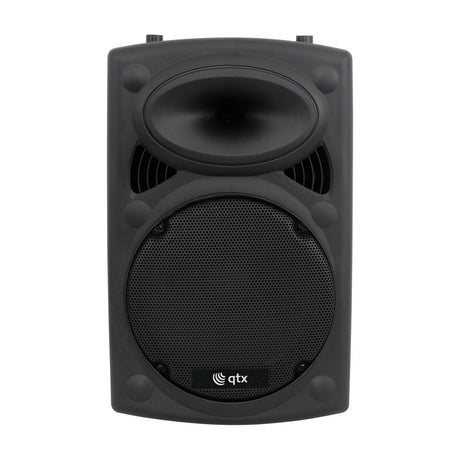 QTX QR12 passive 12in PA speaker in black moulded ABS, front view showing horn tweeter, steel mesh grille and top-hat pole mount, plain white background.