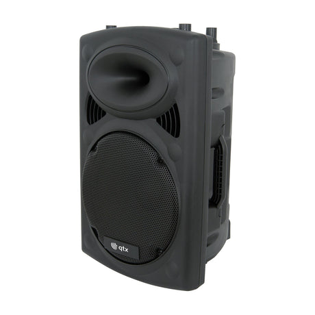 QTX QR12 passive 12in PA speaker in black moulded ABS with steel grille, horn tweeter, side handle and top-hat pole mount, on a white background.