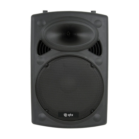 QTX QR15 passive 15in moulded PA speaker cabinet in black ABS with steel grille, top-mounted horn and carry handles, shown front-on.