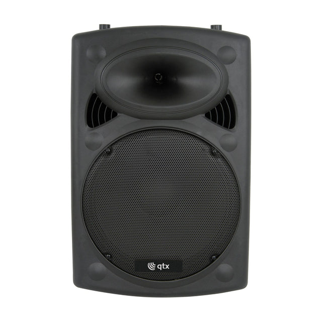 QTX QR15 passive 15in moulded PA speaker cabinet in black ABS with steel grille, top-mounted horn and carry handles, shown front-on.