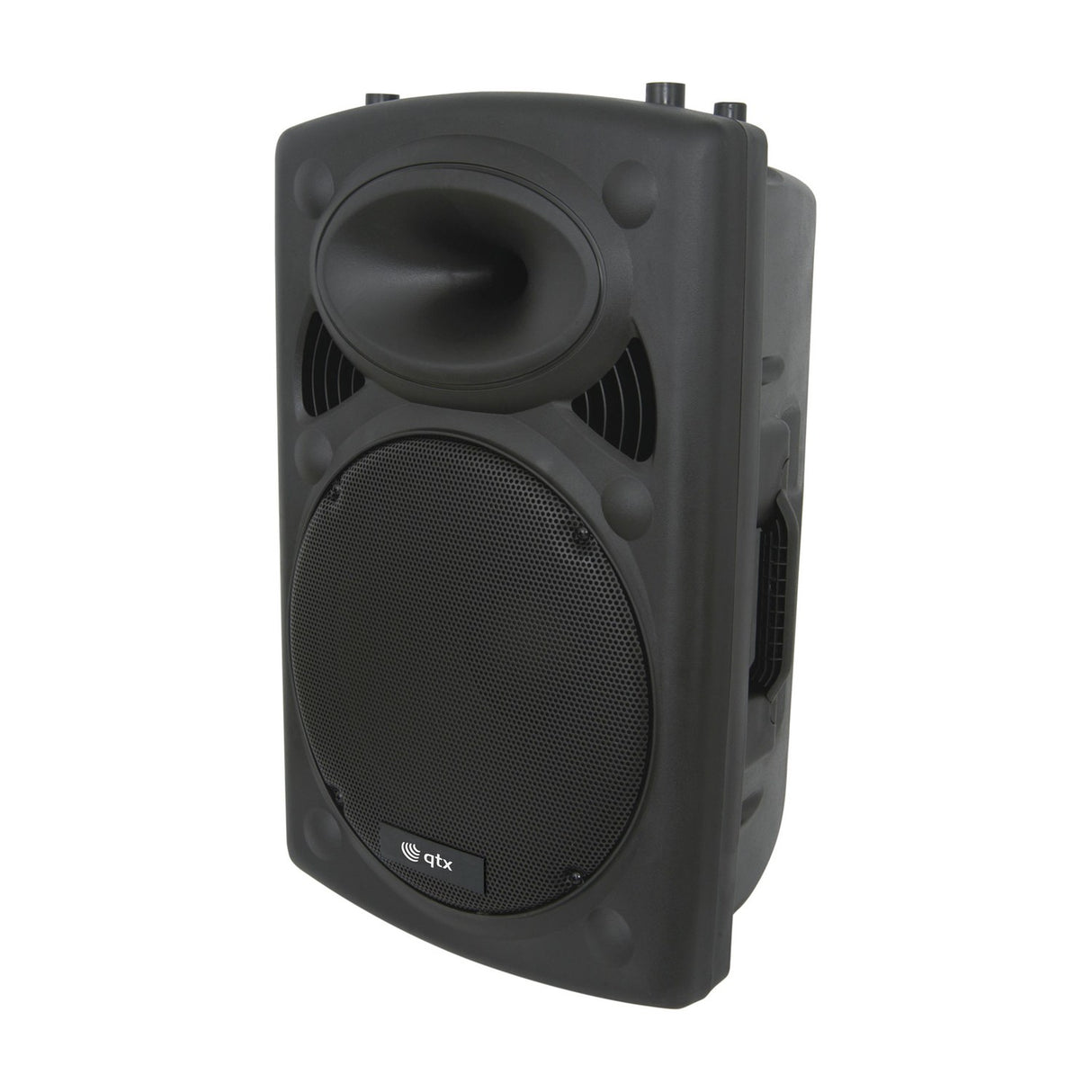 QTX QR15 passive 15in moulded PA speaker cabinet in black ABS with steel grille, horn tweeter, side handle and top mounting points, on white.