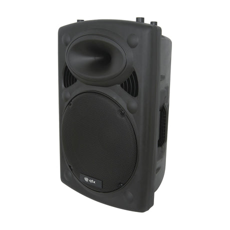 QTX QR15 passive 15in moulded PA speaker cabinet in black ABS with steel grille, horn tweeter, side handle and top mounting points, on white.