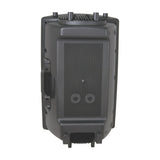Rear view of the QTX QR15 passive 15in moulded PA speaker cabinet from AVSL, showing the ABS shell, side handle and twin Speakon connectors.