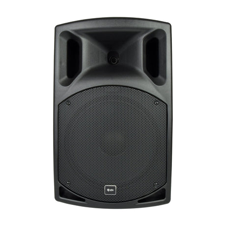 QTX QX12 passive PA speaker cabinet in black moulded plastic with steel mesh grille, horn tweeter, and ported bass, shown against a plain white background.