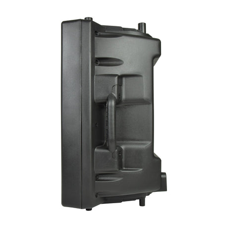 Side view of the QTX QX12 passive PA speaker cabinet in black moulded casing with built-in carry handle, shown on a plain white background.