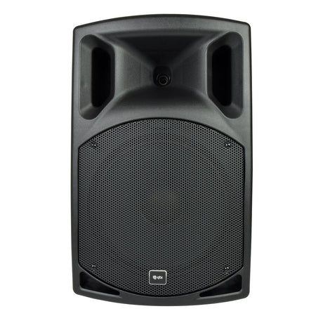 Introducing the QTX QX12 12" 400W Passive Speaker in black, offering efficient bass output with a sleek design. It features a round mesh grille on the front and two rectangular openings at the top. The speaker showcases durable cabinets and includes a small logo at the bottom center for added style.
