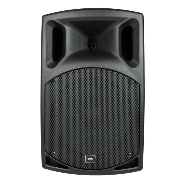 Introducing the QTX QX12 12" 400W Passive Speaker in black, offering efficient bass output with a sleek design. It features a round mesh grille on the front and two rectangular openings at the top. The speaker showcases durable cabinets and includes a small logo at the bottom center for added style.