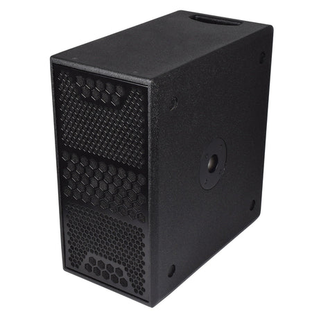 The Citronic CASA-28BA 28" Active Sub is a black speaker with a rectangular shape and a textured front grill showcasing hexagonal patterns. Its smooth exterior, which includes DSP control, features screw detailing on the sides. When positioned at an angle, it reveals its depth and power, amplified by an advanced class-D amplifier.