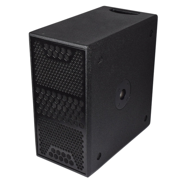 The Citronic CASA-28BA 28" Active Sub is a black speaker with a rectangular shape and a textured front grill showcasing hexagonal patterns. Its smooth exterior, which includes DSP control, features screw detailing on the sides. When positioned at an angle, it reveals its depth and power, amplified by an advanced class-D amplifier.