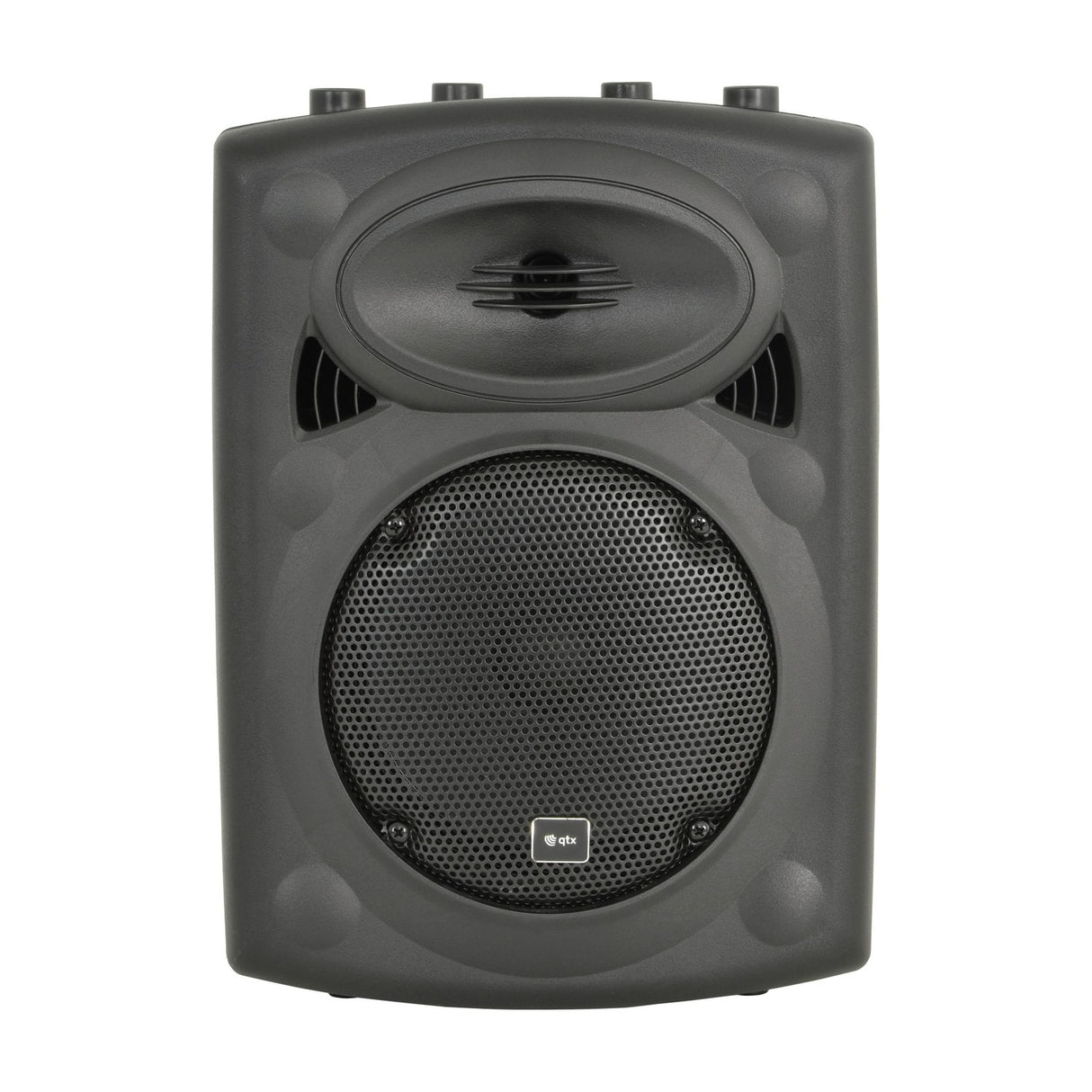 QTX QR8K active moulded PA speaker cabinet in black with 8-inch woofer grille, HF driver, top-mounted control knobs and carry handle recess.