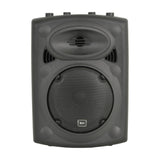 QTX QR8K active moulded PA speaker cabinet in black with 8-inch woofer grille, HF driver, top-mounted control knobs and carry handle recess.