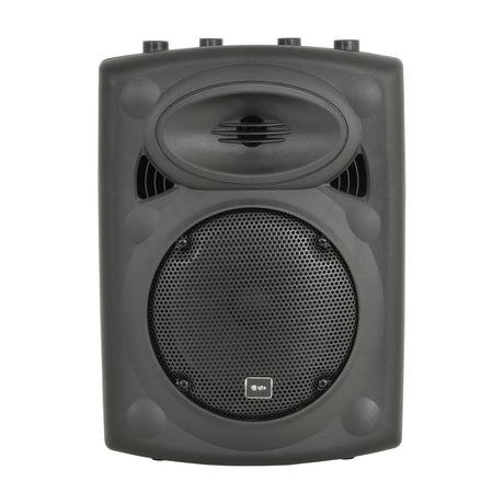 QTX QR8K active moulded PA speaker cabinet in black with 8-inch woofer grille, HF driver, top-mounted control knobs and carry handle recess.