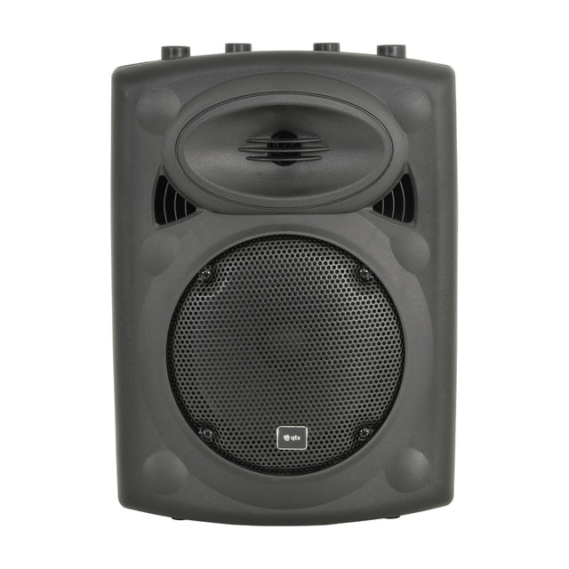 QTX QR8K active moulded PA speaker cabinet in black with 8-inch woofer grille, HF driver, top-mounted control knobs and carry handle recess.