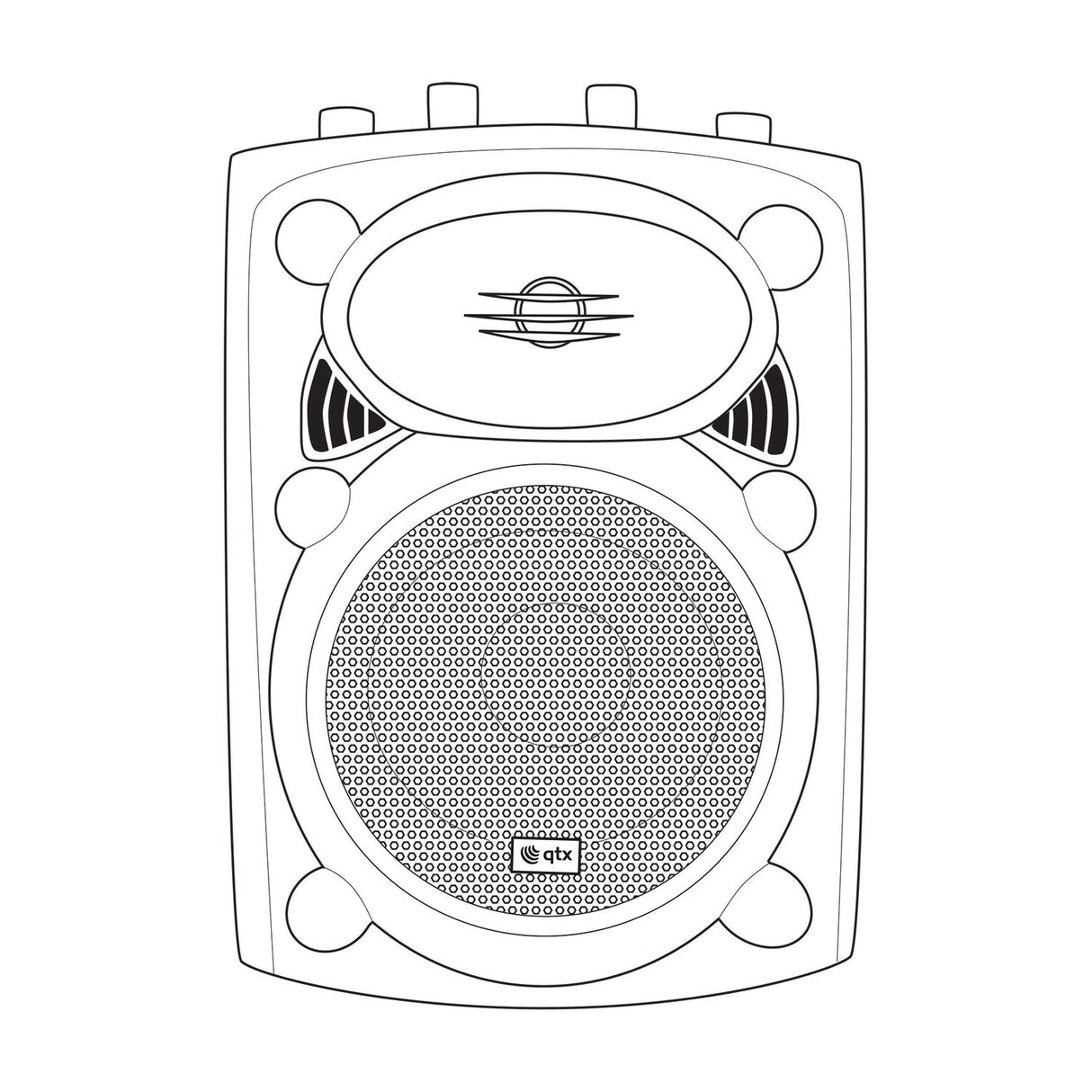 Line drawing of the QTX QR8K active moulded PA speaker cabinet showing the woofer grille, HF driver, top-mounted control knobs and side handles.