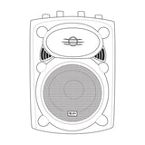 Line drawing of the QTX QR8K active moulded PA speaker cabinet showing the woofer grille, HF driver, top-mounted control knobs and side handles.