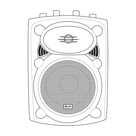 Line drawing of the QTX QR8K active moulded PA speaker cabinet showing the woofer grille, HF driver, top-mounted control knobs and side handles.