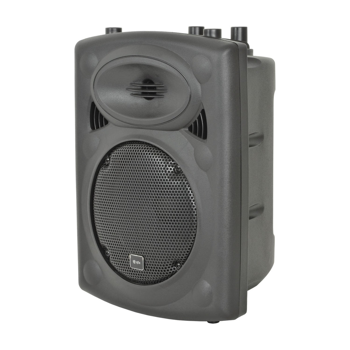 QTX QR8K active moulded PA speaker cabinet in matte black with mesh woofer grille, HF driver and top-panel controls, shown on a white background.