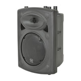 QTX QR8K active moulded PA speaker cabinet in matte black with mesh woofer grille, HF driver and top-panel controls, shown on a white background.