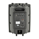 Rear view of QTX QR8K active PA speaker cabinet showing mic and line controls, RCA inputs and outputs, power switch, AC input and pole mount socket.