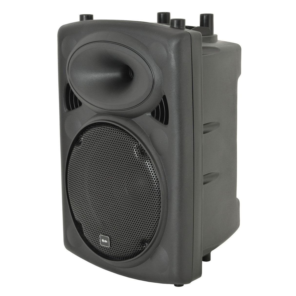 The QTX QR10K 10" Active Moulded Speaker Cabinet - 200W is a compact black portable speaker with a front mesh grille and several control knobs on top. It includes a built-in amplifier, making it ideal for karaoke setups, and showcases a sleek, boxy design.