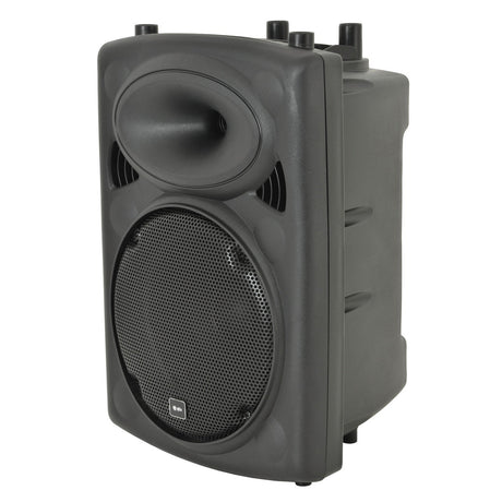The QTX QR10K 10" Active Moulded Speaker Cabinet - 200W is a compact black portable speaker with a front mesh grille and several control knobs on top. It includes a built-in amplifier, making it ideal for karaoke setups, and showcases a sleek, boxy design.