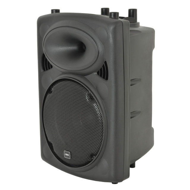 The QTX QR10K 10" Active Moulded Speaker Cabinet - 200W is a compact black portable speaker with a front mesh grille and several control knobs on top. It includes a built-in amplifier, making it ideal for karaoke setups, and showcases a sleek, boxy design.