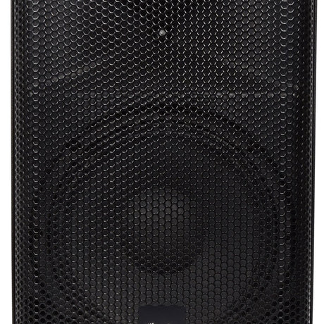 Close-up of the QTX QUEST-10A active PA speaker from AVSL, showing the black moulded polypropylene cabinet and honeycomb metal grille front.