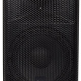 Close-up of the QTX QUEST-10 passive 2-way PA speaker cabinet by AVSL, showing the black hexagonal mesh grille over the woofer.