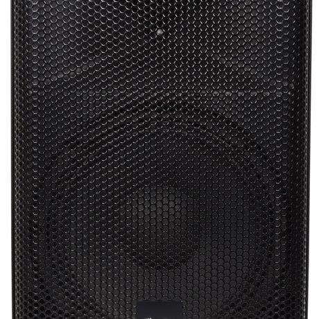 Close-up of the QTX QUEST-10 passive 2-way PA speaker cabinet by AVSL, showing the black hexagonal mesh grille over the woofer.