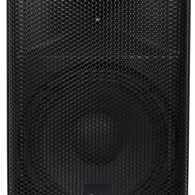 Close-up of the QTX QUEST-10 passive 2-way PA speaker cabinet by AVSL, showing the black hexagonal mesh grille over the woofer.
