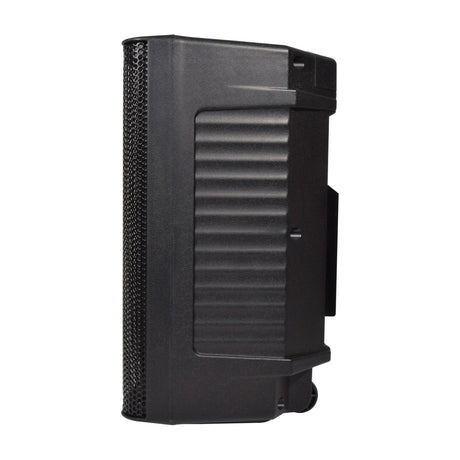 Side view of the QTX QUEST-10 passive 2-way PA speaker cabinet by AVSL, showing the ribbed moulded polypropylene side panel, rear trolley wheels and handle.