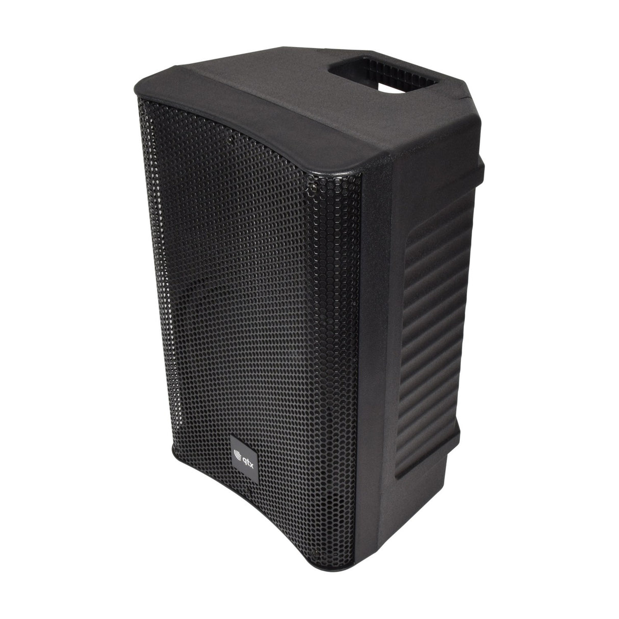 QTX QUEST-10 passive 2-way PA speaker cabinet in black moulded polypropylene with mesh grille, top handle and side ribbed panel on a white background.