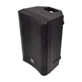 QTX QUEST-10 passive 2-way PA speaker cabinet in black moulded polypropylene with mesh grille, top handle and side ribbed panel on a white background.
