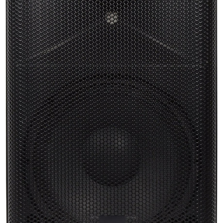 QTX QUEST-12 passive 400W PA speaker cabinet from AVSL, shown close-up with black moulded polypropylene enclosure and perforated hexagonal mesh grille.