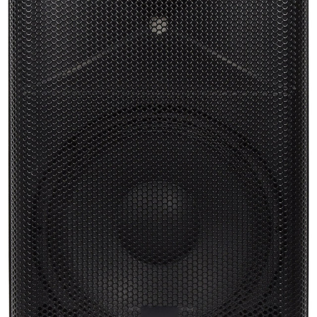 QTX QUEST-12 passive 400W PA speaker cabinet from AVSL, shown close-up with black moulded polypropylene enclosure and perforated hexagonal mesh grille.