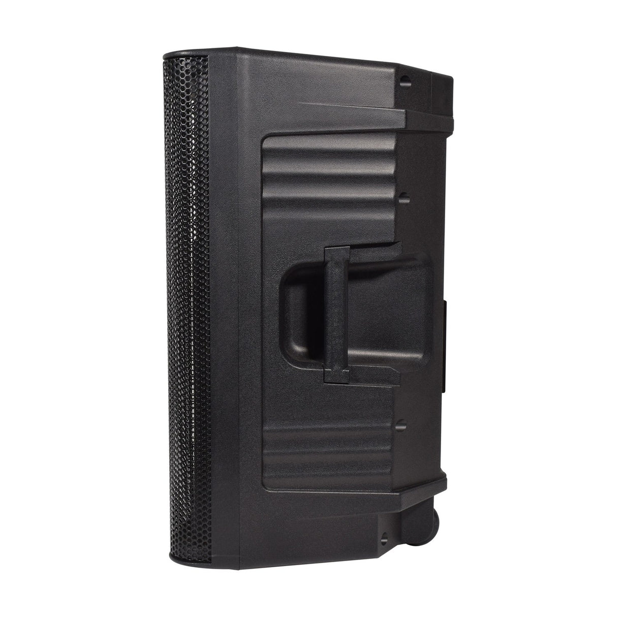 Side view of QTX QUEST-12 passive 400W PA speaker cabinet by AVSL, showing moulded black polypropylene enclosure with side handle and mesh grille edge.