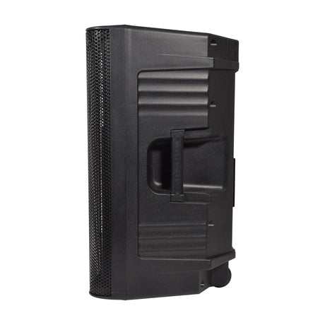 Side view of QTX QUEST-12 passive 400W PA speaker cabinet by AVSL, showing moulded black polypropylene enclosure with side handle and mesh grille edge.