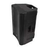 QTX QUEST-12 passive PA speaker cabinet by AVSL in matte black moulded polypropylene, angled view showing mesh grille, side handle and top handle.