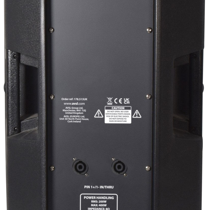 Rear view of AVSL QTX QUEST-12 passive 400W PA speaker cabinet in black moulded polypropylene with twin Speakon sockets and caution label.