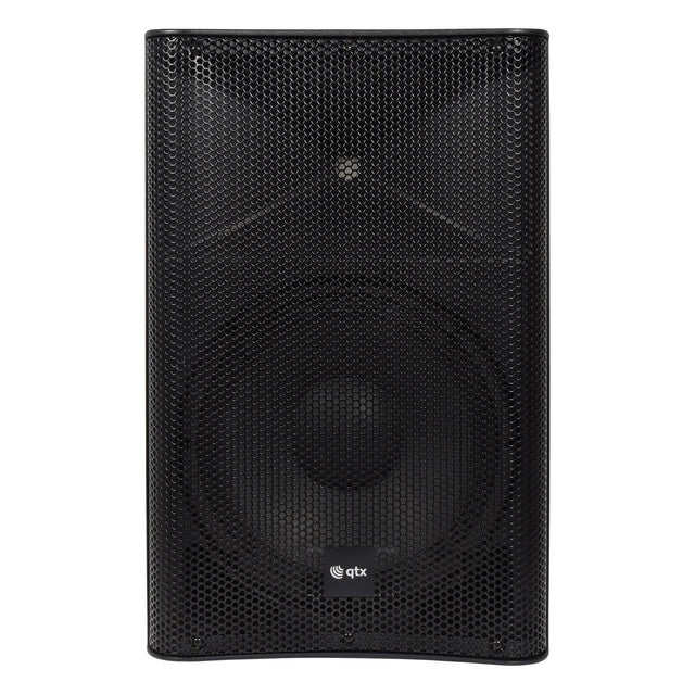 The QTX QUEST-12 12" Passive PA Cabinet - 200W features a black exterior with a mesh grille and visible woofer, constructed from high-impact moulded polypropylene. It sports a small logo at the bottom center. The minimalist design is showcased against a plain white background, embodying the sleek appearance typical of PA speaker cabinets.